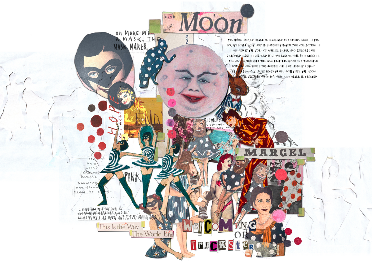 The Moon should never be perceived as a passive rock in the sky, it's power must not be underestimated. Inspired by the work of Marcel Dzama, who explores his disrupted sleep influenced by lunar events. The Pink Moon is a trickster god who controls the hopeful oasis of 'almost human' creatures and wildlife beneath him. Sometimes the moon appears to be welcoming, but it's grin can never be trusted.